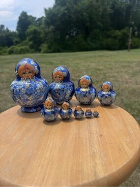 Blue Hand-Painted Russian Nesting Dolls Set of 9- Decorative Matryoshka 5” tall